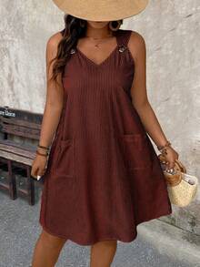 EMERY ROSE Plus Size Summer Casual Striped Dual Pocket Sleeveless Dress - Burgundy - View 7