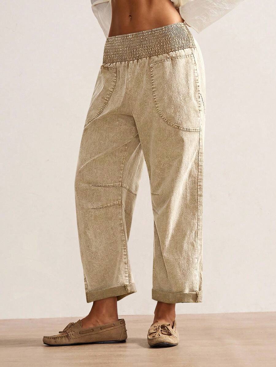 Bohemela Quần nữ dáng rộng cạp thấp, màu trơn, chất liệu dệt kim, kiểu dáng boho mùa thu/đông. - Màu be - Xem 1