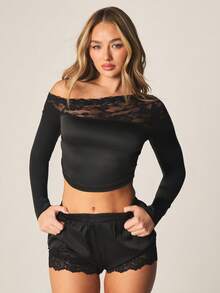 MISSGUIDED 长袖蕾丝边单肩露脐上衣，搭配同款弹力腰短裤，秋冬款 - 黑色 - 查看 1