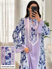 Al Najma Elegant Floral Print Arabic Style Dress With Small Stand Collar And Front Button Closure, Purple - Multicolor - View 1