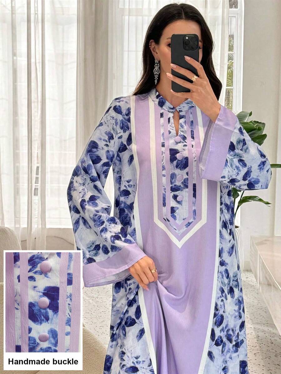 Al Najma Elegant Floral Print Arabic Style Dress With Small Stand Collar And Front Button Closure, Purple - Multicolor - View 1
