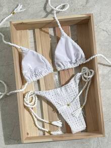 Swim Mod 女士提花面料挂脖金属装饰编织比基尼套装，春夏款 - 白色 - 查看 2