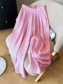 GlowEve 女士宽松阔腿裤，松紧腰带，垂坠设计，优雅百搭，适合工作、上学、度假、旅行、休闲穿着，春夏皆宜。 - 粉色 - 查看 1