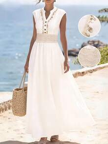 Balvessa Women's Holiday Shell Trim Button Design Waist Contrast Lace Dress - White - View 1