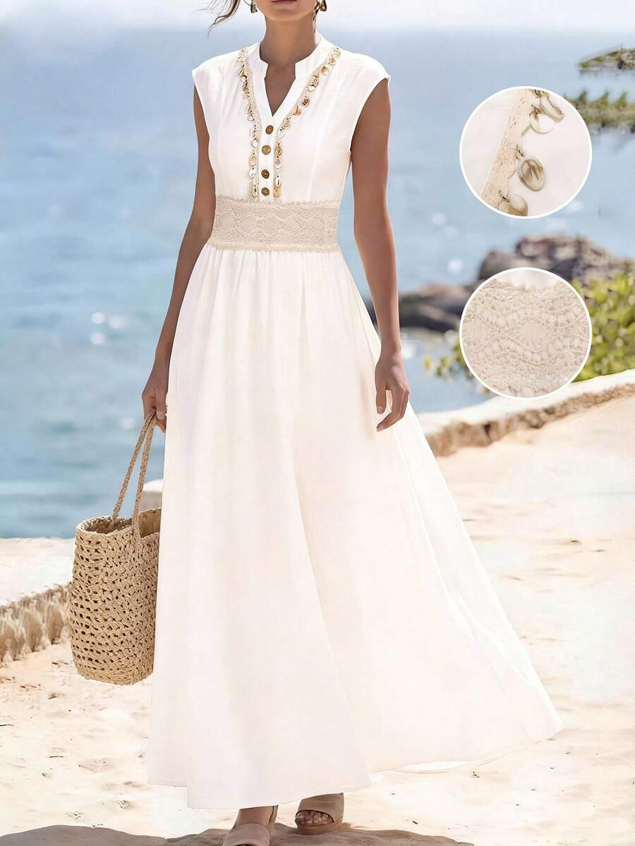 Balvessa Women's Holiday Shell Trim Button Design Waist Contrast Lace Dress - White - View 1