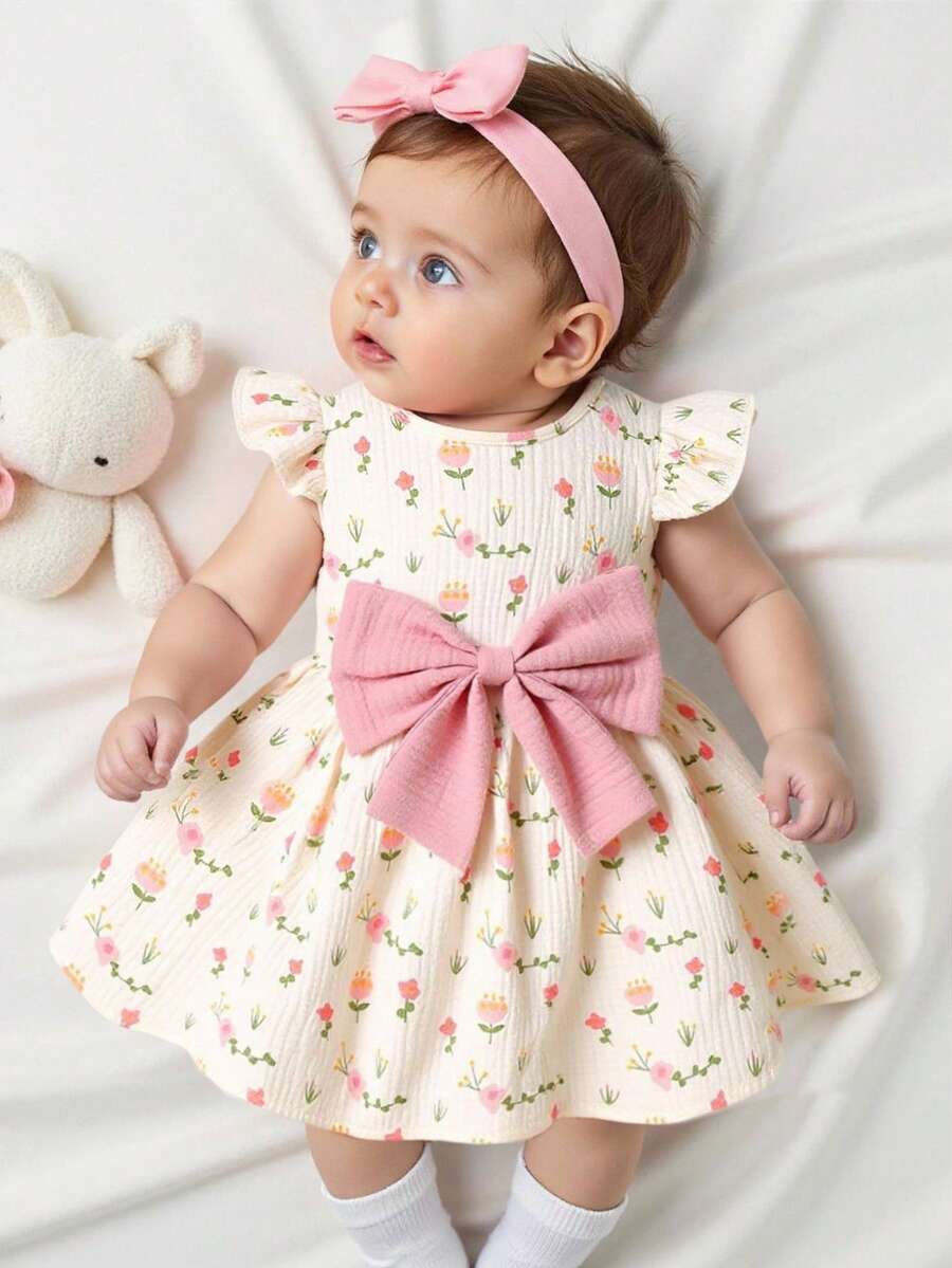 SHEIN 女嬰可愛粉色碎花鬱金香洋裝 甜美杏色夏季生日套裝 附粉色蝴蝶結 舒適日常穿著 春季出遊適用 - 杏色 - 查看 1