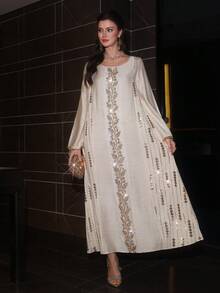 Layrah Vestido elegante de manga larga acampanada con cuello redondo, bordado y con cuentas, para primavera/verano - Albaricoque - Ver 7