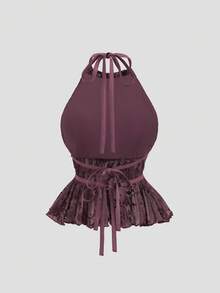 Elamini New Pleated Spaghetti Strap Tie Waist Sleeveless Crop Top, Spring/Summer - Purple - View 2