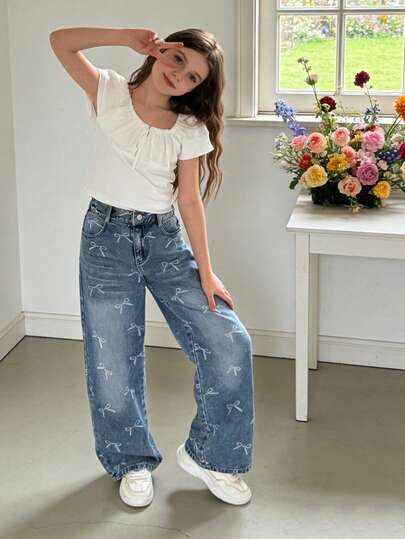 SHEIN Jeans estilo Y2K para niña preadolescente - Lavado claro vintage, estampado de mariposa, corte holgado, tela suave y cómoda, ropa de calle, pantalones vaqueros holgados, jeans de pierna ancha Y2K, jeans de denim con gráficos para otoño e invierno