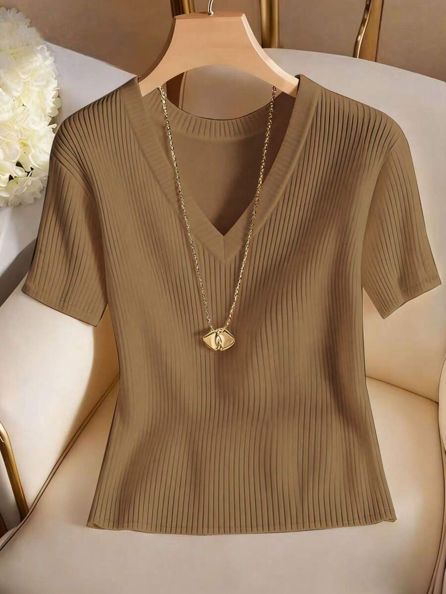 Franclia 女士优雅休闲V领短袖T恤 - 棕色 - 查看 1