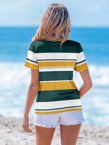 Sylviya 女士休闲简约航海条纹图案圆领宽松短袖T恤，适合春夏度假穿着 - 彩色 - 查看 2