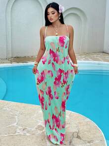 SHEIN SunnyBelle Vestido de talla grande con estampado de color contrastante y tirantes cruzados - verde menta - Ver 5