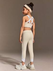 SHEIN Young Girls Clothing Fashion Set Features A Sleeveless Vest With A Cross-Cut Back Design And Tight Capri Pants, Making It Suitable For Daily Casual Outings And All-Season Wear - Apricot - View 3