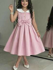 SHEIN Tween Girl Elegant Gold Button White Color Block Collar Big Bow Pink Sleeveless A-Line Dress,Pink And White Striped,Summer,Elegant,Party Wear Vintage - Pink - View 1