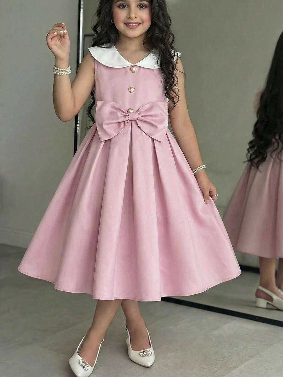 SHEIN Tween Girl Elegant Gold Button White Color Block Collar Big Bow Pink Sleeveless A-Line Dress,Pink And White Striped,Summer,Elegant,Party Wear Vintage - Pink - View 1