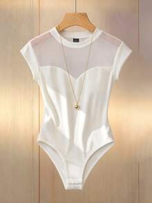 Lumivelle 女士时尚透视网纱立领连体衣，修身袖子 - 白色 - 查看 1