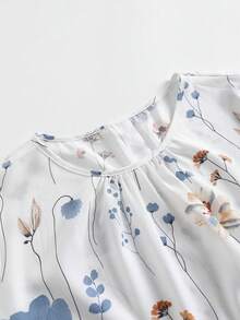 Linhara Áo sơ mi nữ cỡ lớn cổ tròn tay phồng cài nút trang trí in hoa mới - Nhiều màu - Xem 4