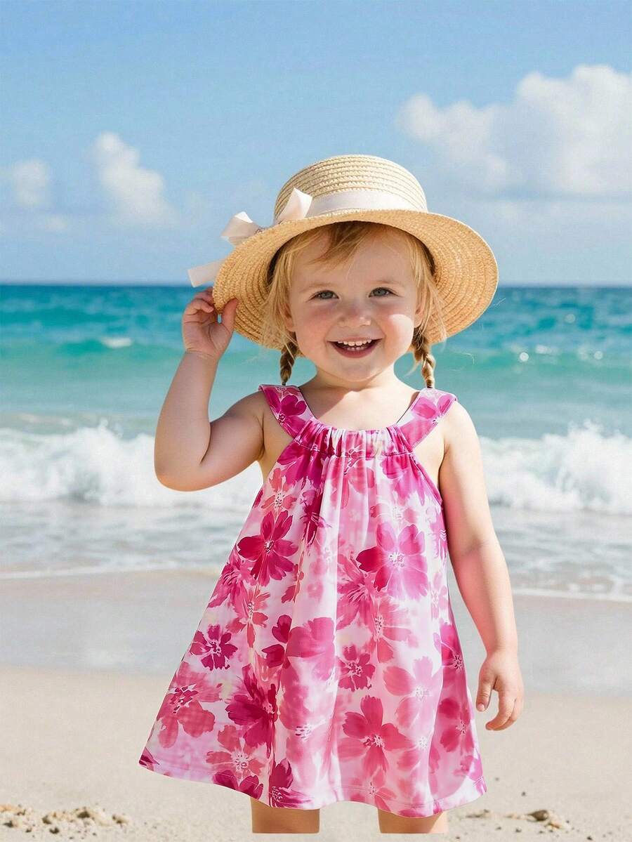SHEIN Playful Pals 女婴碎花彩色吊带连衣裙,优雅休闲可爱夏季度假装 - 粉色 - 查看 1