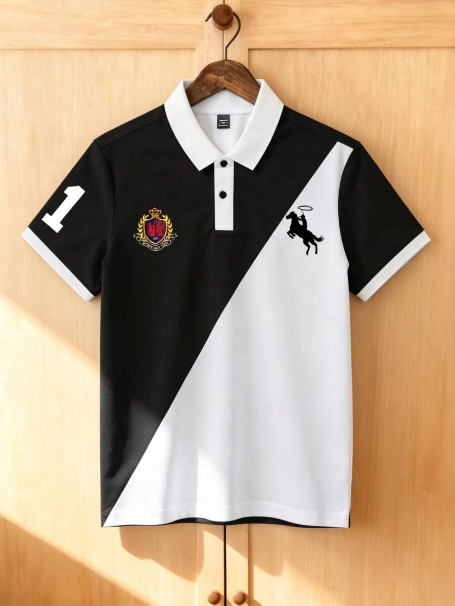 Aesthetic Post Camisa polo de manga corta casual para hombre con estampado de insignia de color contrastante, para verano - Multicolor - Ver 1