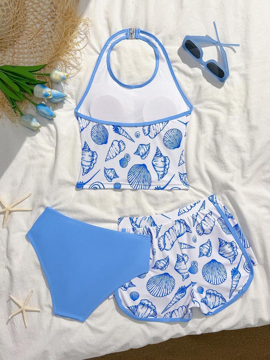 Conjunto de 3 piezas de traje de baño para niñas preadolescentes con estampado de conchas marinas, que incluye top halter, shorts de natación y shorts - Azul y blanco - Ver 1