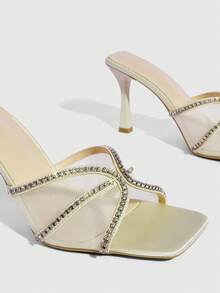 CUCCOO SZL Women's Fashion Square Toe Thin High Heel Beige Mesh Rhinestone Chain Open Toe High Heel Sandals, One-Piece Slip-On Sandals, Stylish Glamorous Sexy Party Sandals - Beige - View 6