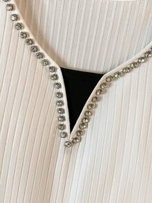 GlowEve Camiseta de manga corta acanalada con adornos de strass 2 en 1 casual para mujer, verano - Blanco - Ver 4