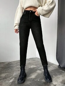 EURMUSE 100% Cotton Women's High Waist Tapered Dark Wash Casual Jeans Petite Wow Dark Twilight Romwe Jeans Pants Jean High Waisted Jeans Black Denim Jeans - Black - View 2