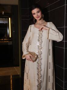 Layrah Vestido elegante de manga larga acampanada con cuello redondo, bordado y con cuentas, para primavera/verano - Albaricoque - Ver 5