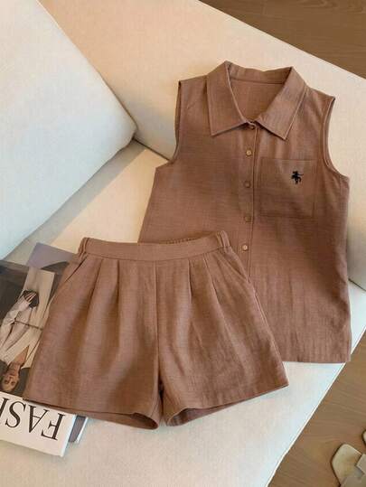 Conjunto de Camiseta e Shorts de Linho Casual para Adolescentes, Camiseta Sem Mangas e Shorts, Caimento Solto e Confortável, Adequado para Uso Diário, Casa ou Passeios de Lazer, Verão