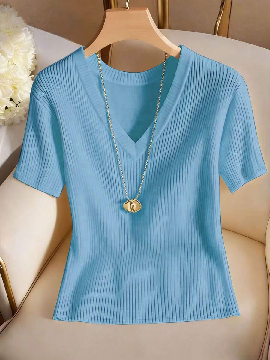 Franclia 女士优雅休闲V领短袖T恤 - 藍色 - 查看 1