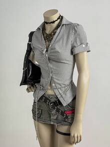 SHEIN Jeanoir Randig, kortärmad, enkelknäppt, veckad pendlarskjorta för kvinnor - Multifärgad - Visa 6