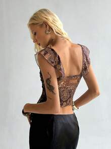 TRNVIE Vintage Y2K Boho Sexy offenbarendes lässiges Urlaubs-Date Straßen-Treffen Essen Alltags Musik-Festival tiefer Ausschnitt Kurzarm figurbetont verdrehtes transparentes elastisches Mesh Braun Retro Paisley Muster Frauen Top T-Shirt Trägershirt, Frühling/Sommer - Braun - Übersicht 2