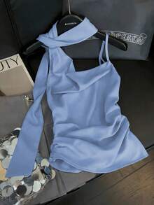 GlowEve Women's Casual Elegant Asymmetric Strap Blouse With Ruffle Shoulder, Suitable For Commute, Vacation, Afternoon Tea, Valentine's Day, Wedding Party - Baby Blue - View 2