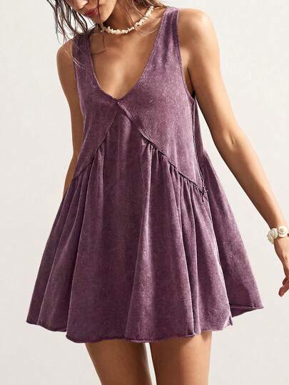 Bohemela Casual Solid Color Knit V-Neck Loose Women Mini Dress