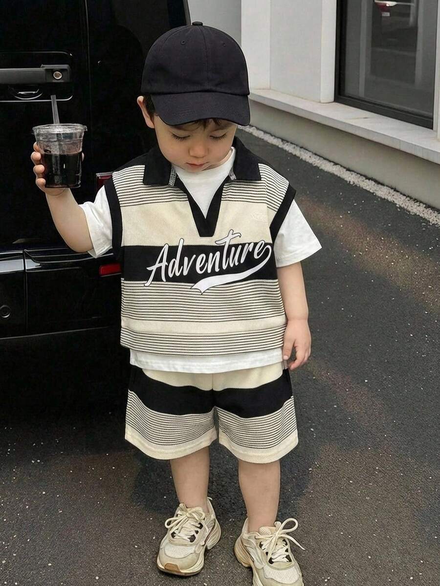 SHEIN 3pcs/Set Unisex Baby Black & White Striped Outfit, White T-Shirt, Sleeveless Vest, And Shorts Set, Spring/Summer Baby Boy Clothes - Black and White - View 1