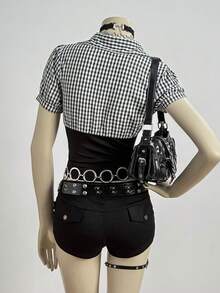 EgrlEra Áo sơ mi nữ tay ngắn họa tiết kẻ caro, phối màu tương phản, cổ buộc dây, cài cúc phía trước, viền bèo nhún, thắt eo, thích hợp cho mùa xuân, hè, thu. - Đen và trắng - Xem 2