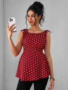 Momance 孕妇夏季休闲波点印花抽绳腰带吊带衫 - 酒紅色 - 查看 5