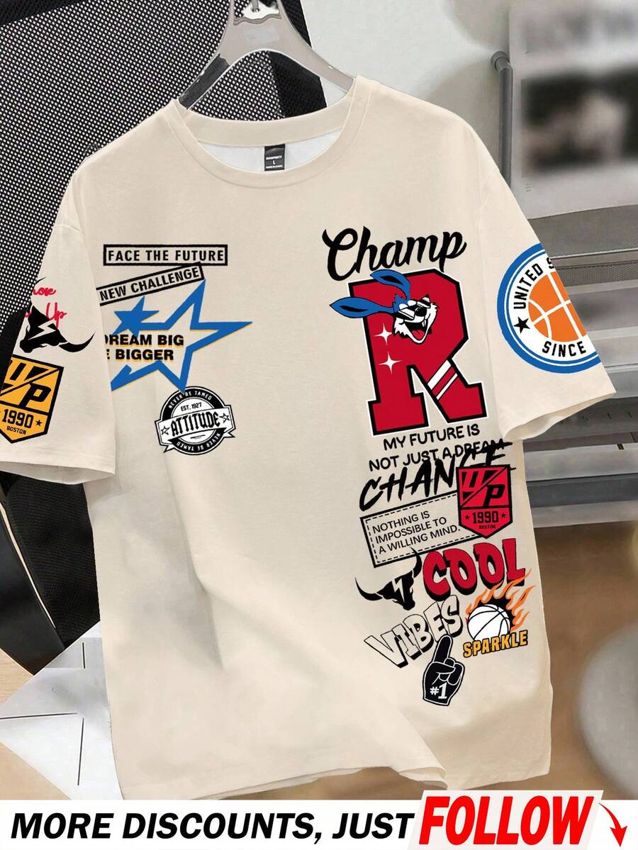 Manfinity Joysei Men's Summer Letter Print Round Neck Short Sleeve Casual Versatile T-Shirt - Khaki - View 1