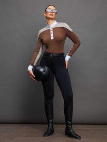 Activina Women's Contrast Button Half-Placket Long Sleeve Equestrian Top - Brown - View 4
