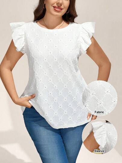 Comfylo Plus Size Women Summer Casual Vacation Simple Solid Color Schiffy Ruffle Armhole T-Shirt White Elegant Top Ruffle Sleeve Top Eyelet Top For Women Eyelet Blouse Tops For Women Elegant S Women Summer S Women Summer Cotton Top Cotton Tops Women Summer