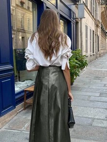 Pariaura 女士军绿色皮革拉链A字裙，适合万圣节派对、婚礼宾客等场合，优雅百搭，冬季外出穿着，适合秋冬季节、圣诞节等各种场合，时尚别致，休闲百搭，棕色系，适合圣诞节、万圣节等各种场合。 - 軍綠色 - 查看 2