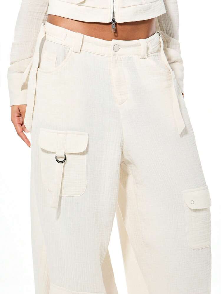 SUMWON WOMEN Wide Leg Linen Feel Cargo Pants With Multiple Pockets
