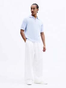 SUMWON Polo Rajut Ribbed Lengan Pendek Kasual Musim Semi/Panas dengan Detail Ujung, Potongan Santai dan Resleting Seperempat, Polos - Baby Blue - View 3