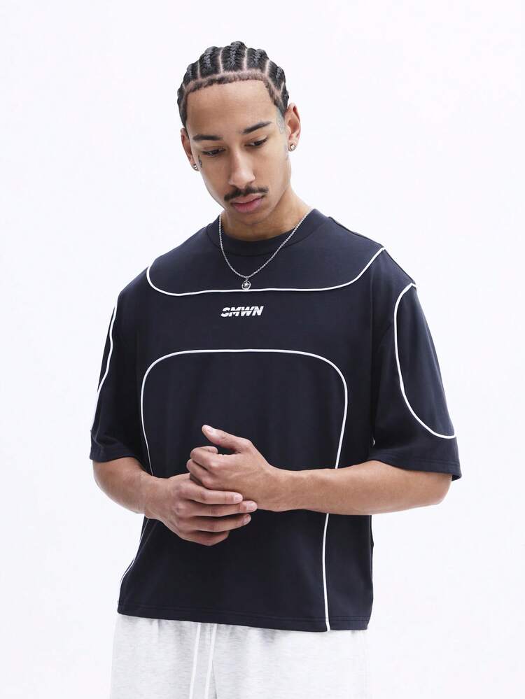 Herren Navy Rundhals Kurzarm Oversized T-Shirt mit weißen Kontrastpaspeln und Markenlogo Brust Muster Casual Streetwear Oberteil