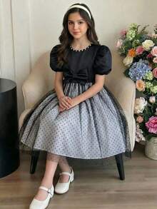 Girls' Tulle Princess Dress With Bow & Beaded Decor, Suitable For Birthday Party, Ball, Stage Performance, Fashion Show, Daily Wear - Black - View 4