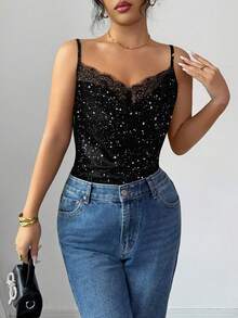 Rafferiza Women's Elegant Silver Foil Splice Lace Camisole For Summer - Black - View 3