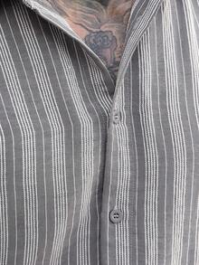 Manfinity Homme 男士復古棕色與白色條紋休閒長袖襯衫，秋季男士灰色正裝襯衫，正式 - 灰色 - 查看 4
