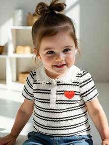 SHEIN Playful Pals 女婴休闲条纹爱心刺绣Polo衫上衣，春夏款 - 黑與白 - 查看 1