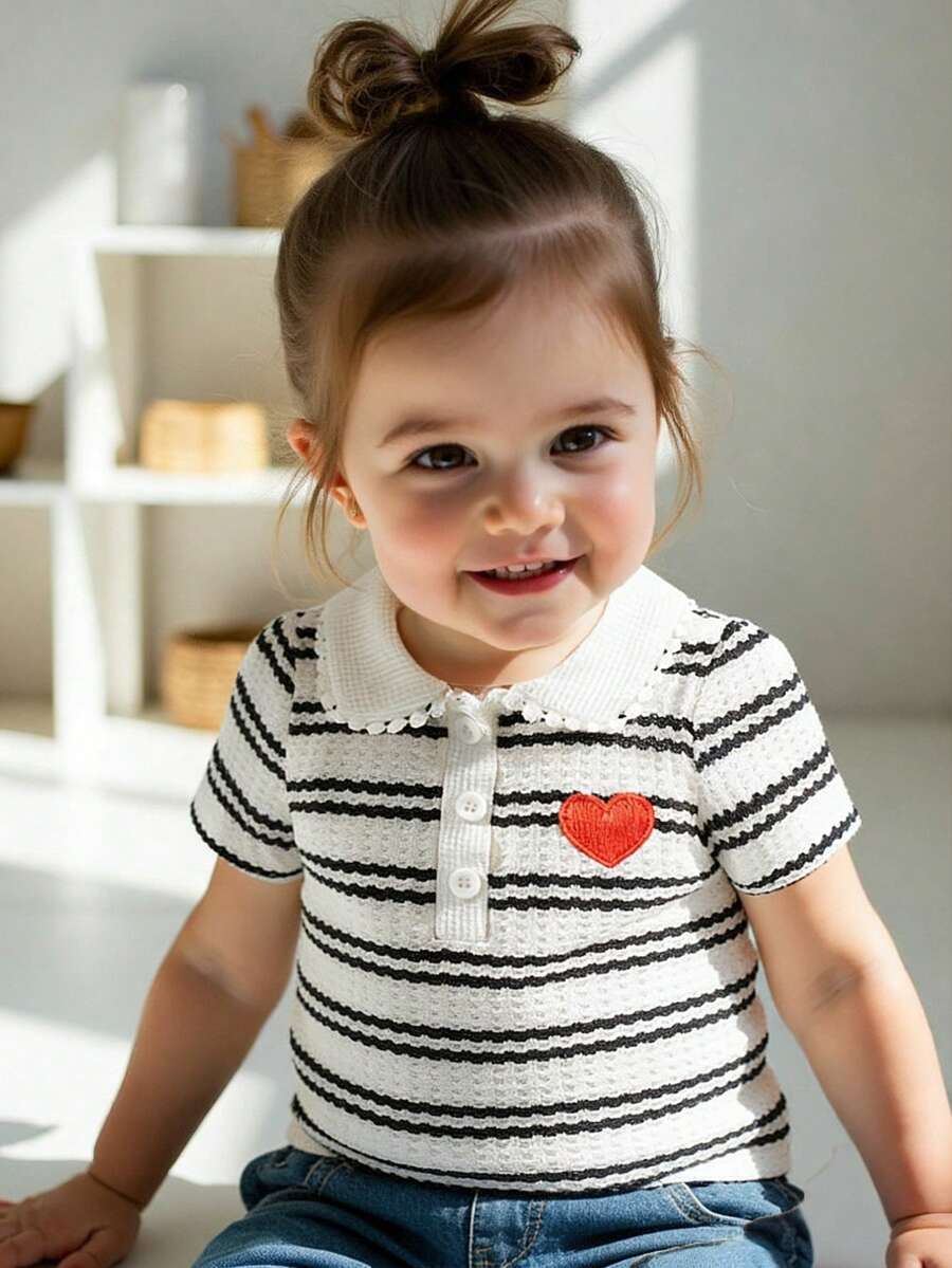 SHEIN Playful Pals 女婴休闲条纹爱心刺绣Polo衫上衣，春夏款 - 黑與白 - 查看 1