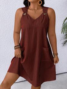EMERY ROSE Plus Size Summer Casual Striped Dual Pocket Sleeveless Dress - Burgundy - View 5